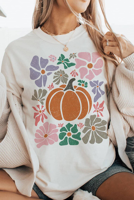 White Flower Pumpkin Distressed Graphic T Shirt