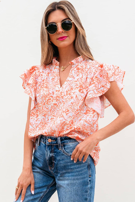 Orange Floral Ruffle Sleeve Split Neck Blouse Orange Floral Ruffle Sleeve Split Neck Blouse