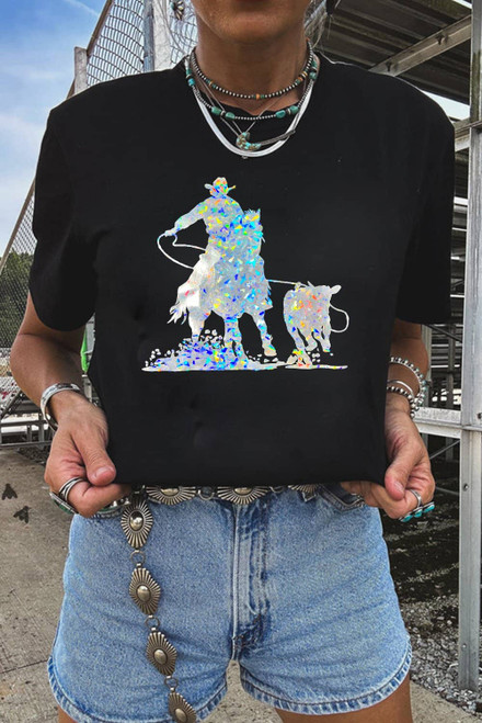 Black Laser Western Cowboy Graphic Crewneck Tee