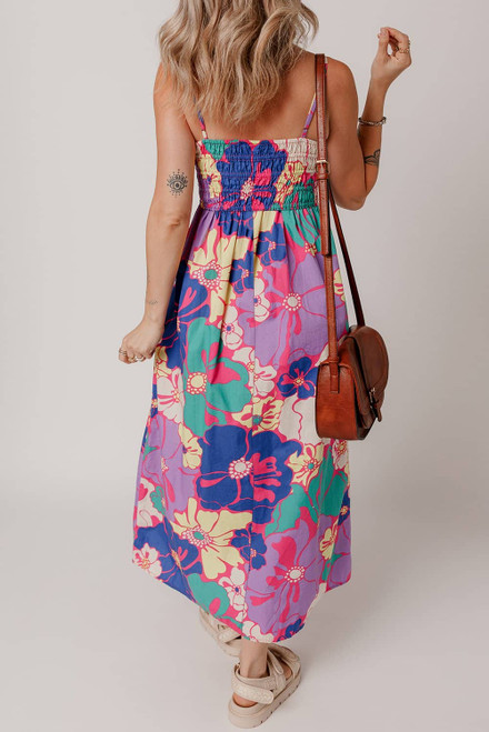 Purple Floral Print Shirred Spaghetti Strap Loose Maxi Dress