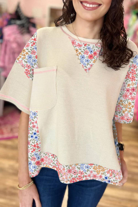 Beige Floral Patchwork Chest Pocket Wide Sleeve Waffle T Shirt Beige Floral Patchwork Chest Pocket Wide Sleeve Waffle T Shirt