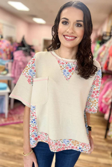 Beige Floral Patchwork Chest Pocket Wide Sleeve Waffle T Shirt Beige Floral Patchwork Chest Pocket Wide Sleeve Waffle T Shirt
