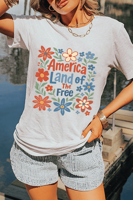 White America Land of The Free Flower Graphic Crewneck T Shirt