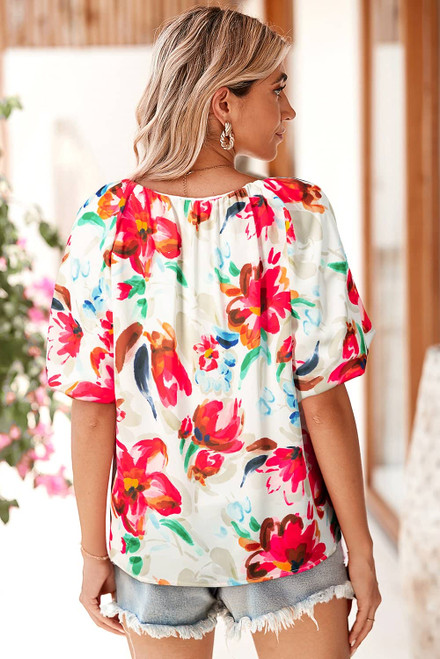 White Floral Print Puffy Half Sleeve Blouse