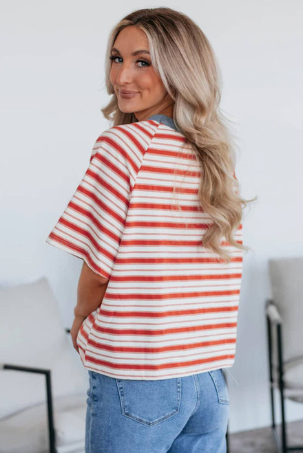 Tomato Red Stripe Print Contrast Collar Raglan Sleeve T Shirt