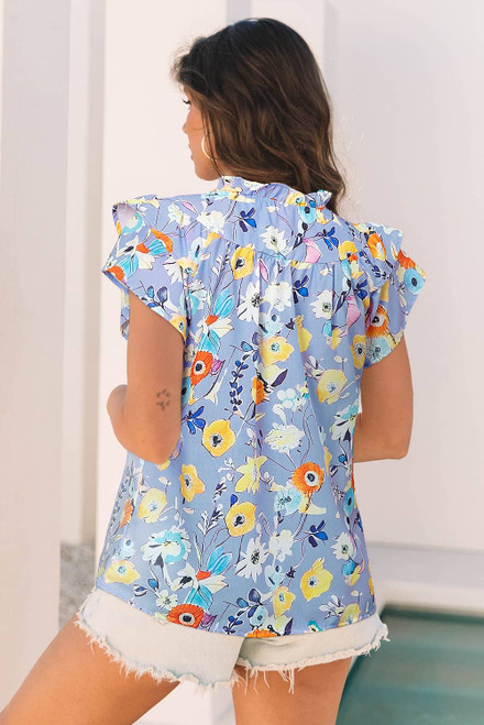 Sky Blue Flutter Sleeve V Neck Floral Top