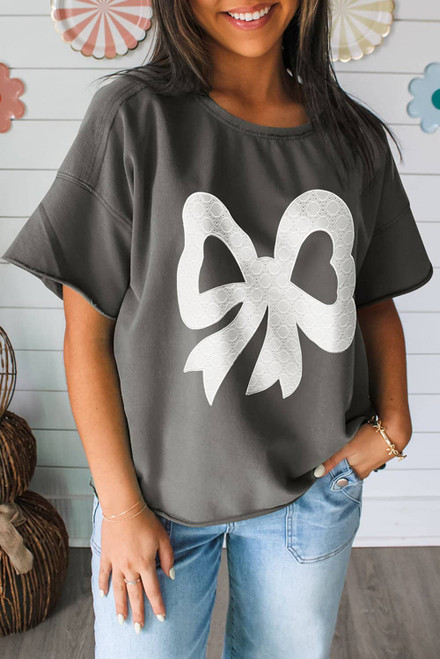 Medium Grey Lace Bow Raw Edge Drop Shoulder Casual T Shirt Medium Grey Lace Bow Raw Edge Drop Shoulder Casual T Shirt