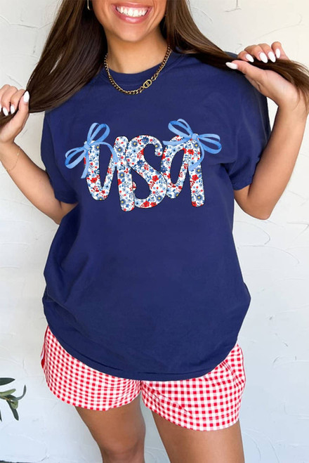 Blue Bow Floral usa Letter Print Independence Day T Shirt Blue Bow Floral usa Letter Print Independence Day T Shirt