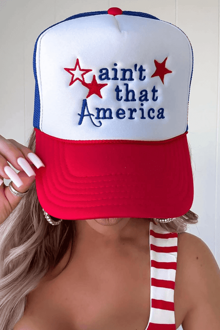 Fiery Red aint that America Embroidered Pattern Color Block Baseball Cap