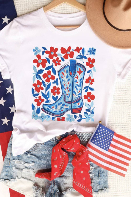White Floral Western Boots Printed Cotton Blend T Shirt White Floral Western Boots Printed Cotton Blend T Shirt