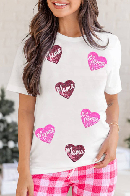 White mama Heart Shape Sequin Patched Crew Neck T Shirt