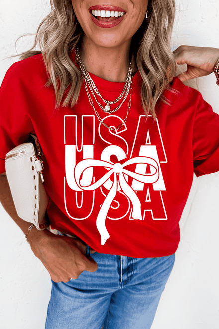 Red USA Bow Printed Casual Cotton Blend T Shirt