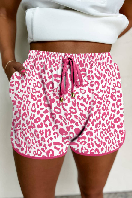 Pink Leopard Elastic Waist Lace up Contrast Trim Casual Shorts Pink Leopard Elastic Waist Lace up Contrast Trim Casual Shorts
