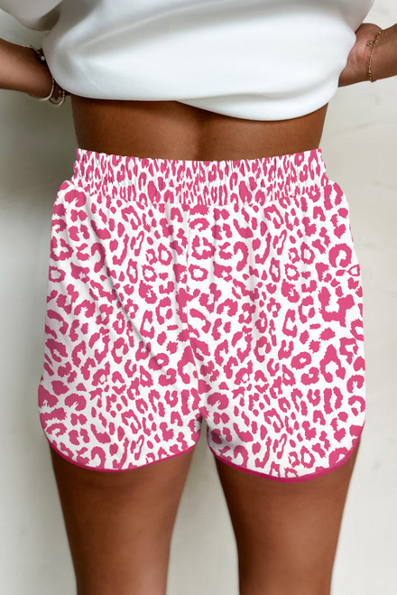 Pink Leopard Elastic Waist Lace up Contrast Trim Casual Shorts Pink Leopard Elastic Waist Lace up Contrast Trim Casual Shorts