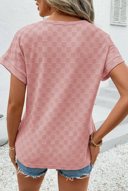 Apricot Pink Checkered Textured Round Neck T-shirt