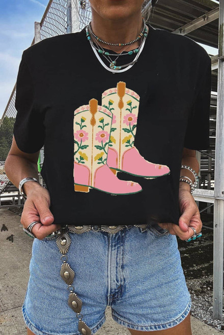 Black Floral Cowgirl Boots Cotton Blend T Shirt Black Floral Cowgirl Boots Cotton Blend T Shirt