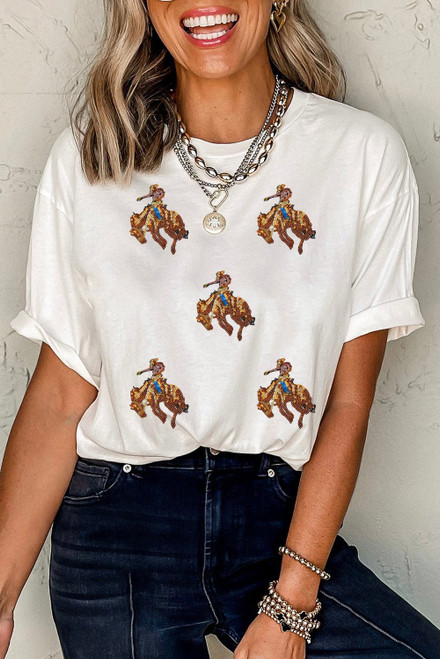 White Rodeo Patched Graphic Casual Round Neck Tee