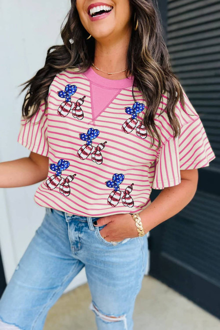 Sachet Pink Striped Sequin USA Flag Inspire Balloon Dog Patched  Ruffled Short Sleeve Top Sachet Pink Striped Sequin USA Flag Inspire Balloon Dog Patched  Ruffled Short Sleeve Top