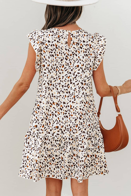 Khaki Leopard Ruffled Flutter Sleeve Keyhole Back Mini Dress