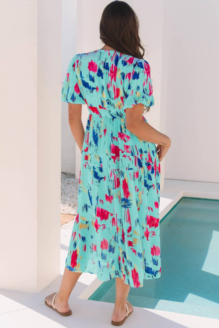 Sky Blue Abstract Print Short Puff Sleeve Tiered Maxi Dress