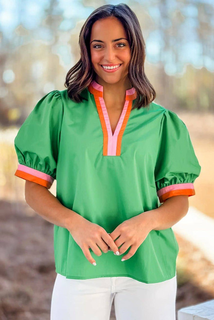 Bright Green Contrast Striped V Neck Collision Short Puff Sleeve Blouse Bright Green Contrast Striped V Neck Collision Short Puff Sleeve Blouse