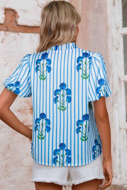 Sky Blue Stripe Floral Buttoned Frilly Notched Neck Puff Sleeve Summer Blouse Sky Blue Stripe Floral Buttoned Frilly Notched Neck Puff Sleeve Summer Blouse