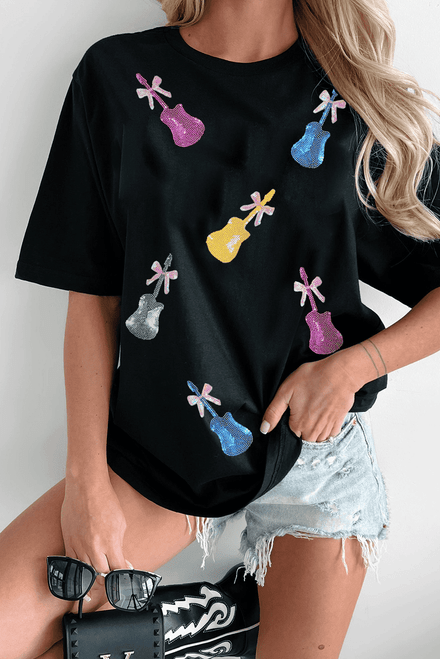 Black Sequined Bow Guitar Country Music Festival Casual Tee