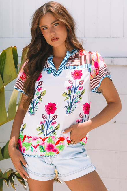Pink Floral Striped Patchwork Short Sleeve Split Neck Blouse Pink Floral Striped Patchwork Short Sleeve Split Neck Blouse