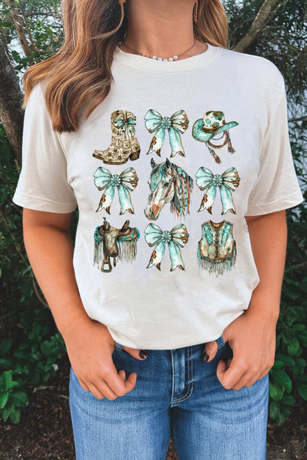 White Horse Bowknot Cowgirl Fashion Print Crewneck Tee White Horse Bowknot Cowgirl Fashion Print Crewneck Tee