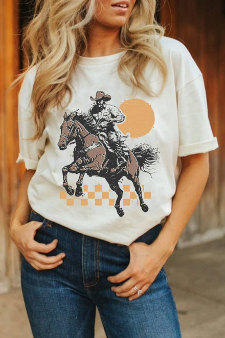 White Sunset Cowboy Print Western Fashion T Shirt