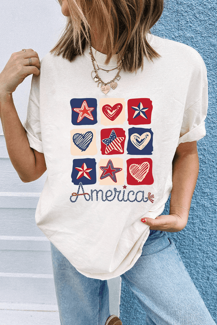 White American Heart Star Checkered Graphic Tee