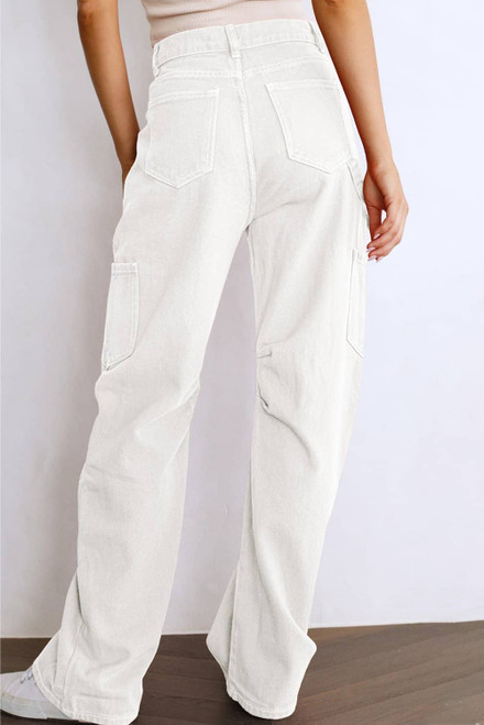 White High Waist Straight Leg Cargo Pants with Pockets