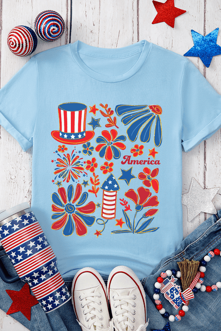 Light Blue America Floral Firework Print 4th of July T Shirt