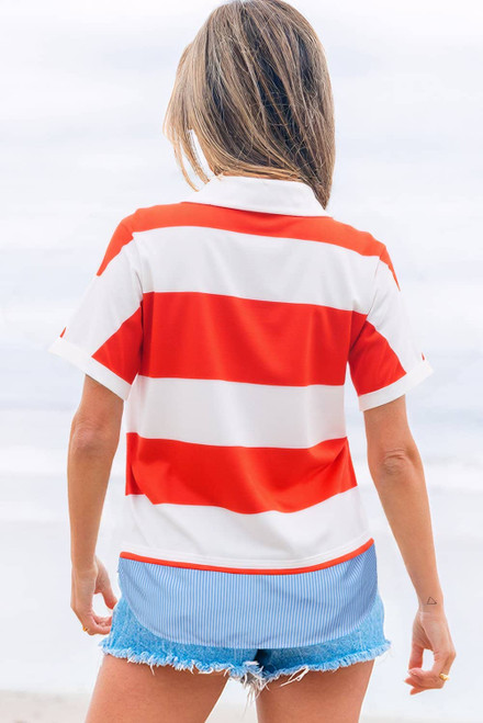 Red Stripe Collar V Neck Cuffed Dolman Short Sleeve Top Red Stripe Collar V Neck Cuffed Dolman Short Sleeve Top
