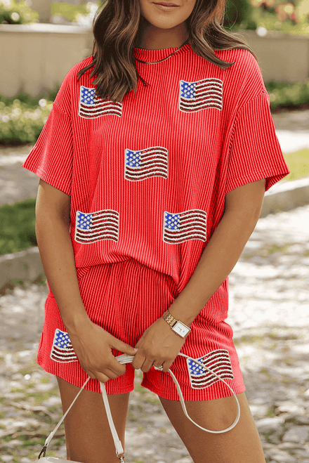 Orange Sequined American Flag Twisted Rib Texture 2pcs Short Set Orange Sequined American Flag Twisted Rib Texture 2pcs Short Set