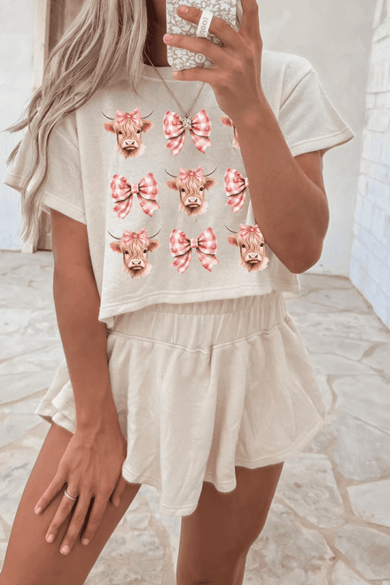Beige Cow with Bows Cropped Tee and Skort Set Beige Cow with Bows Cropped Tee and Skort Set