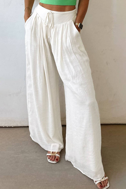 White Solid Drop Waist Pleated Wide Leg Casual Pants White Solid Drop Waist Pleated Wide Leg Casual Pants