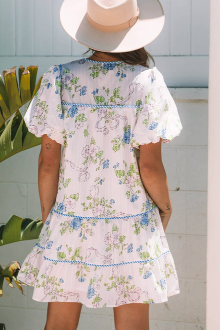 Pink Floral Striped Print Contrast Trim Tie Split Neck Mini Dress Pink Floral Striped Print Contrast Trim Tie Split Neck Mini Dress