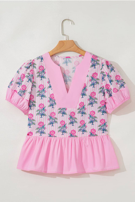 Rose Floral Striped Print Contrast Patchwork Ruffle Hem Blouse Rose Floral Striped Print Contrast Patchwork Ruffle Hem Blouse