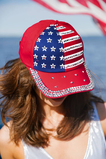 Fiery Red American Flag Rhinestone Decor Baseball Cap