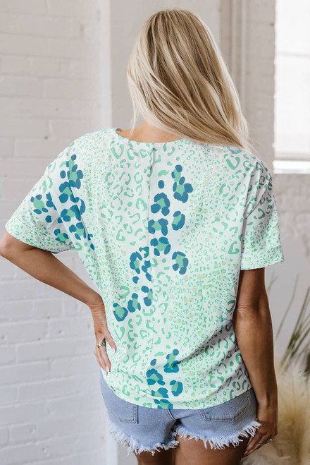 Green Mixed Leopard Print V Neck Short Sleeve Blouse Green Mixed Leopard Print V Neck Short Sleeve Blouse
