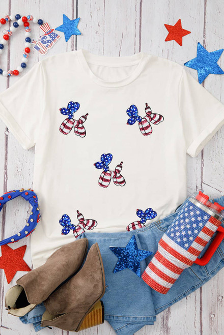 White Sequin Stars and Stripes Balloon Puppy Graphic Crewneck Tee