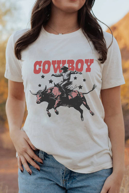 White COWBOY Star Graphic Crewneck Western Fashion Tee White COWBOY Star Graphic Crewneck Western Fashion Tee
