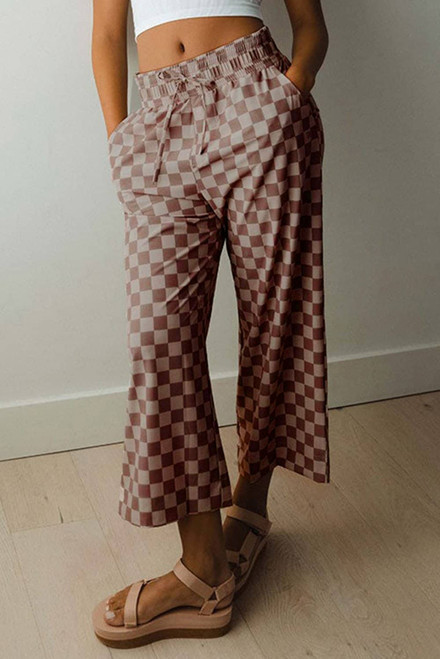Khaki Checkered Elastic High Waist Loose Casual Pants Khaki Checkered Elastic High Waist Loose Casual Pants