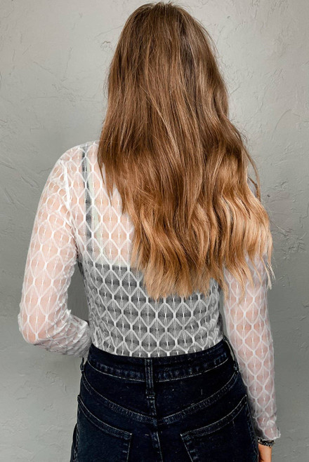 Beige Sheer Mesh Patterned Lettuce Trim Slim Long Sleeve Top