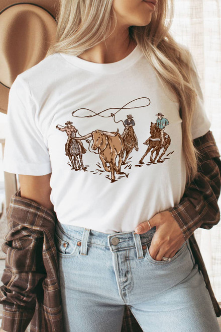 White Retro Cowboy Roping Cotton Blend Graphic Tee