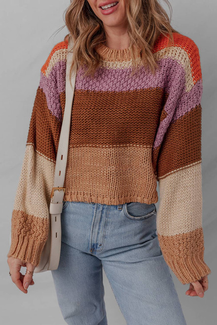 Multicolour Cropped Colorblock Drop Shoulder Knitted Sweater