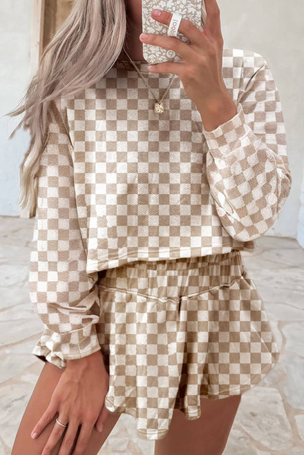 Khaki Checkered Long Sleeve Crop Top High Waist Skort 2pcs Set