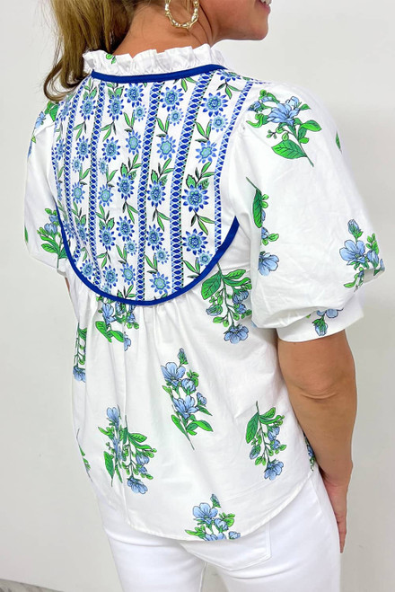 Beige Floral Print Piping Trim Tie Neck Short Sleeve Blouse