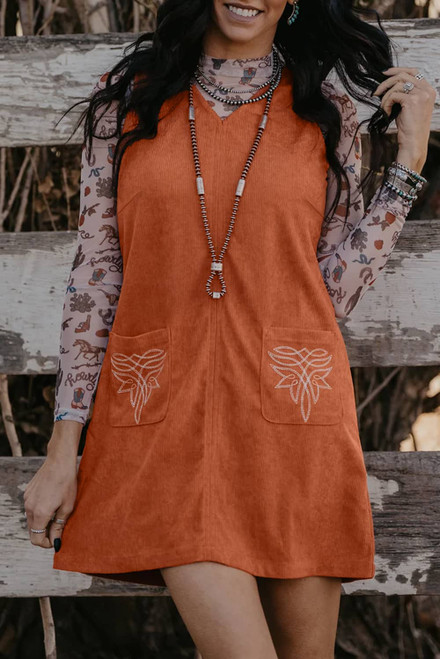 Gold Flame Corduroy Western Embroidered Patched Pocket Shift Sleeveless Mini Dress Gold Flame Corduroy Western Embroidered Patched Pocket Shift Sleeveless Mini Dress